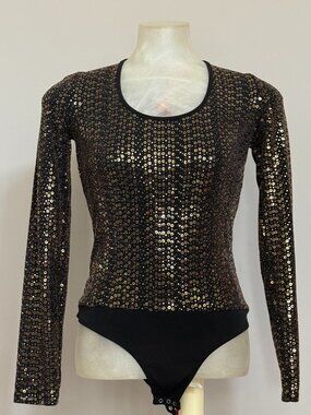 NWT BCBGeneration Size M Gold Sequin Long Sleeve Open Back Bodysuit